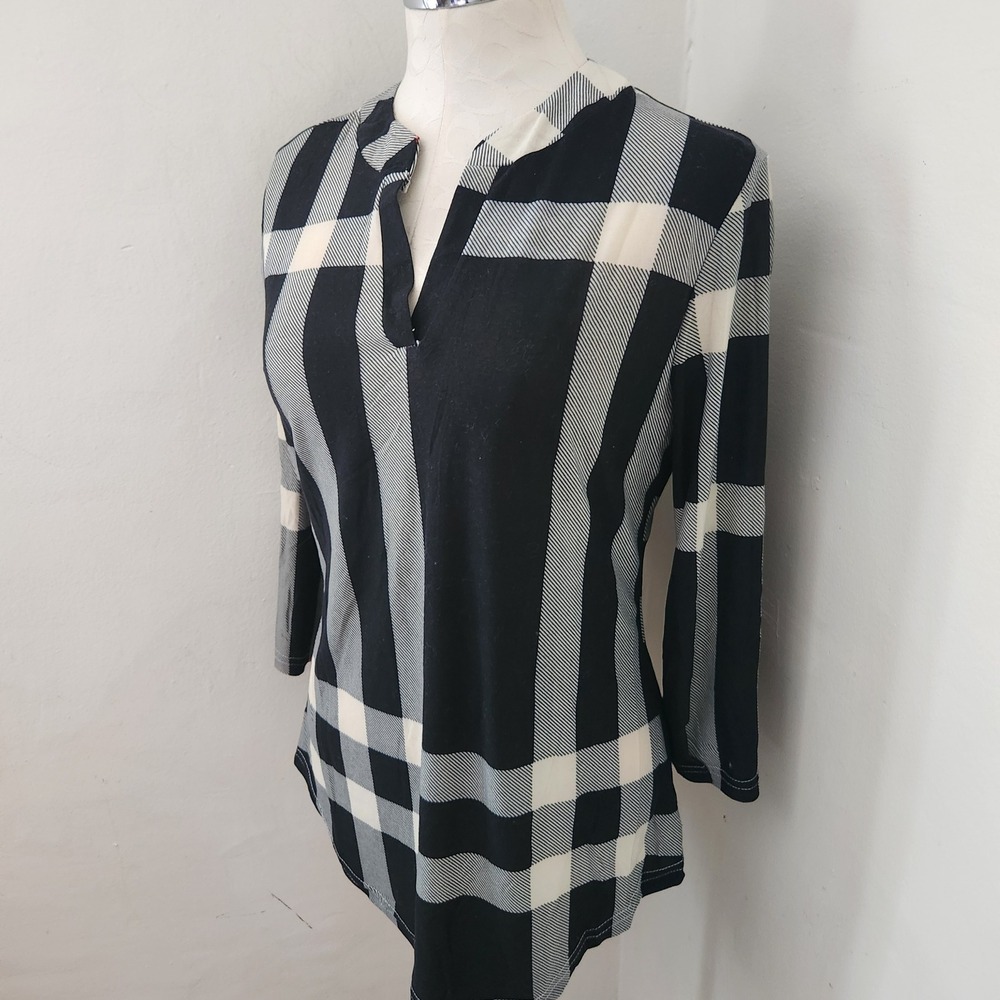 Hong Xin Womens Plaid Tunic Top Black White 3/4 Roll Tab Sleeve Blouse - Picture 5 of 5